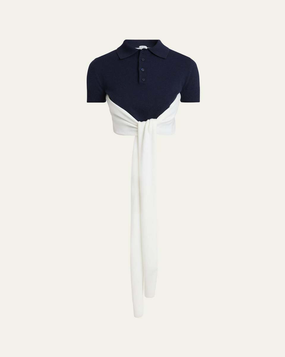 Colorblock Cropped Backless Wool Cashmere Polo Sweater with Self-Tie